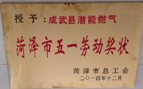 成武县亚星燃气有限公司获得2014年度“菏泽市五一劳动奖状”及“菏泽市学习型组织标兵单位”称号